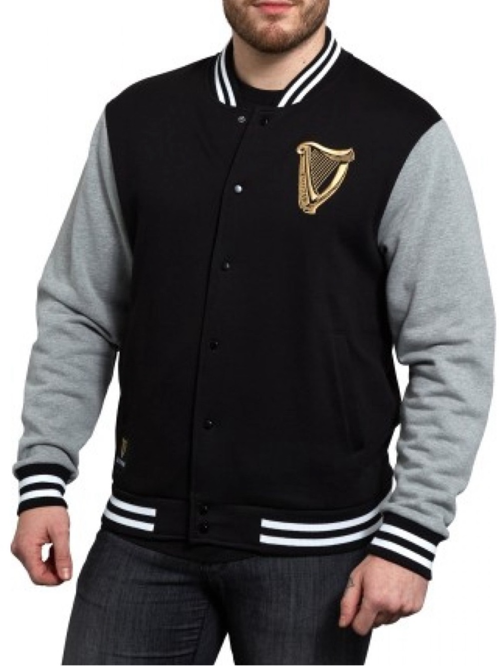 GUINNESS Varsity Bomber Retro 90s Collegiate Jacket w Embroidered Harp Patch